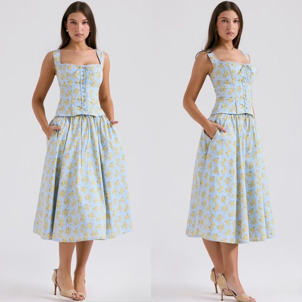 House of CB CORA Soft Blue Vintage Floral Print Cotton Midi Skirt - Picture 5 of 15